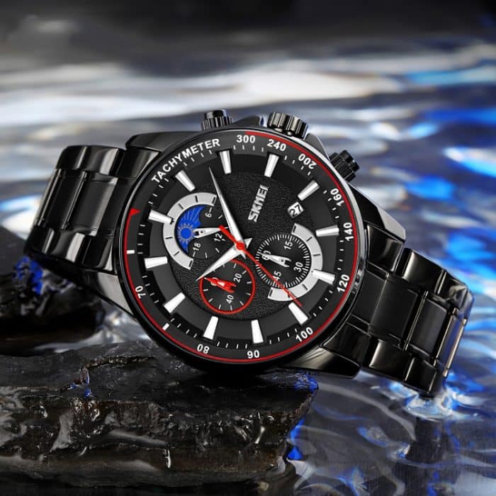 SKMEI 9250 Herren-Mondphasen-Stoppuhr, Datum, sechs Stifte, Edelstahlarmband, Quarzuhr – Bild 3