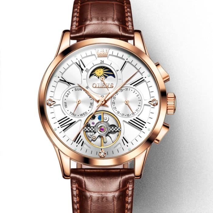 EDA002204601A.jpg OLEVS 9912 Hohles Schwungrad, Wochenkalender, Zifferblatt, leuchtende mechanische Uhr für Herren – Bild 1