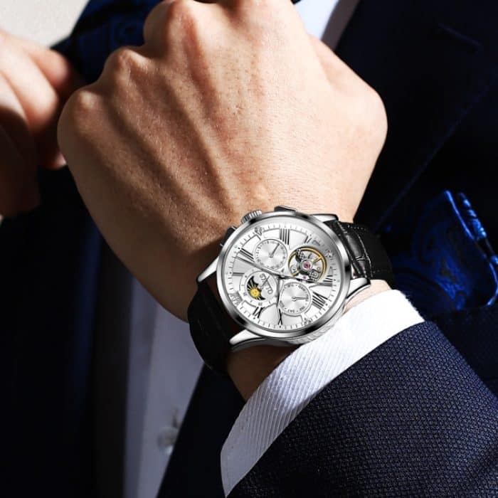 OLEVS 9912 Hohles Schwungrad, Wochenkalender, Zifferblatt, leuchtende mechanische Uhr für Herren – Bild 6