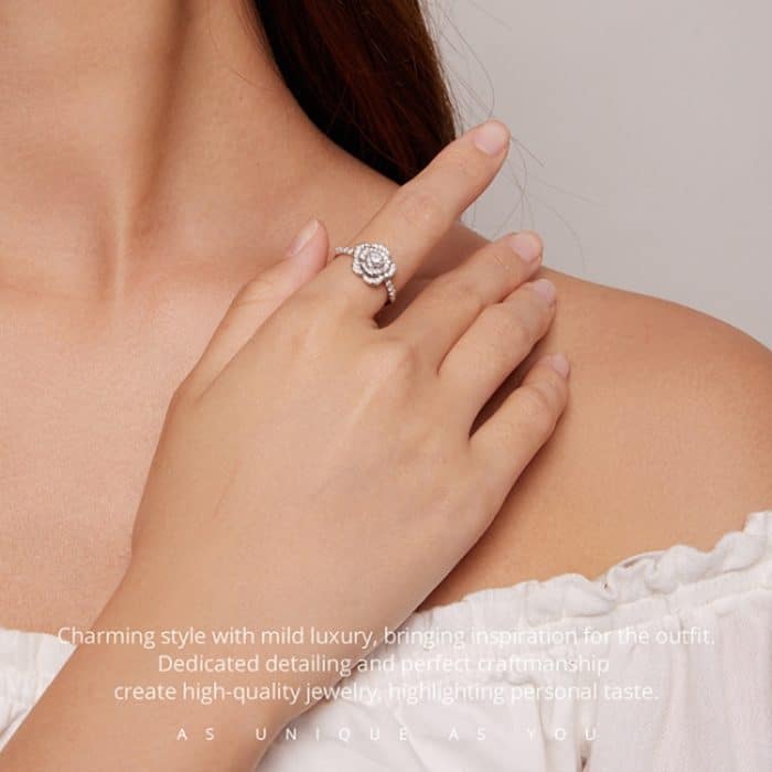 S925 Sterling Silber weiß vergoldet Zirkon Rose Ring Handdekoration – Bild 7