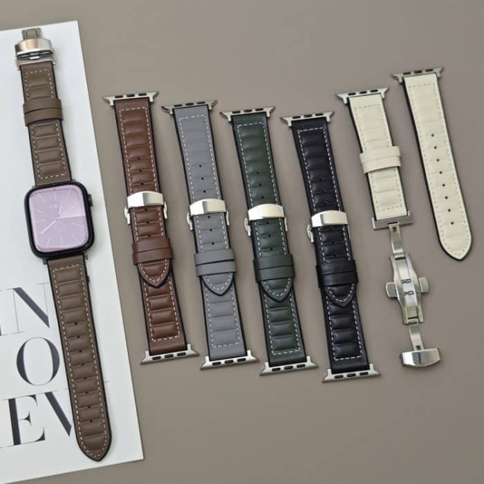 Striations Uhrenarmband aus echtem Leder mit Schmetterlingsschließe, For Apple Watch 46mm / 49mm / 45mm / 44mm, For Apple Watch 42mm / 41mm / 40mm / 38mm – Bild 3