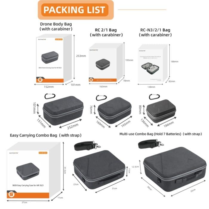 Für DJI Air 3S / Air 3 Sunnylife Tragetasche, B657 For DJI RC 2 / 1 Control Bag, A3-B658 Drone Body Bag, A3-B659 Simplified Bag, A3-B660 Batteries Bag – Bild 13