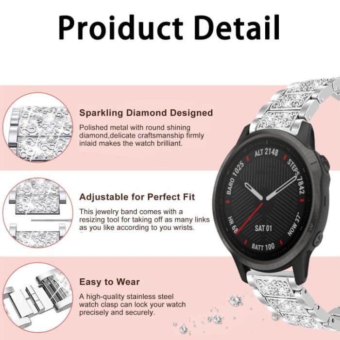 xDfind Diamond Jewelry Stainless Steel Watch Band, For Garmin Fenix 8/7S/6S/5S 20mm 18mm – Bild 3