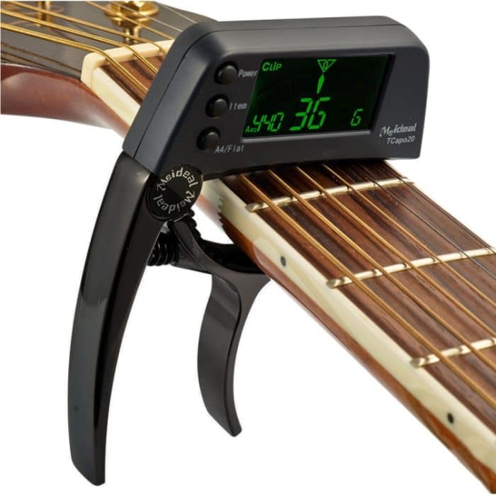 Professioneller Gitarren-Tuner-Clip, chromatischer Clip-On-Tuner im Loft-Stil mit rotierendem LCD-Bildschirm und Lichtanzeige, einhändiger Gitarren-Kapodaster – Bild 1
