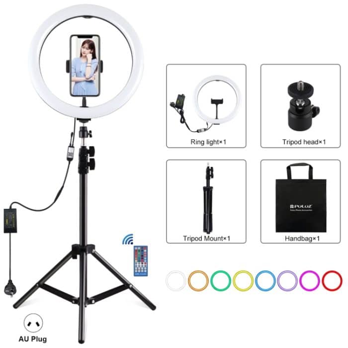 PULUZ 11,8 Zoll 30 cm RGB-Licht 1,1 m Stativmontage Dimmbarer LED-Ring Vlogging Selfie Fotografie Videoleuchten Live-Übertragungs-Kits mit Kaltschuh-Stativ-Kugelkopf und Telefonklemme, 12 inch RGB+Tripod(EU), 12 inch RGB+Tripod(UK)... – Bild 1
