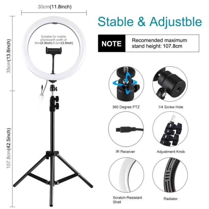PULUZ 11,8 Zoll 30 cm RGB-Licht 1,1 m Stativmontage Dimmbarer LED-Ring Vlogging Selfie Fotografie Videoleuchten Live-Übertragungs-Kits mit Kaltschuh-Stativ-Kugelkopf und Telefonklemme, 12 inch RGB+Tripod(EU), 12 inch RGB+Tripod(UK)... – Bild 3