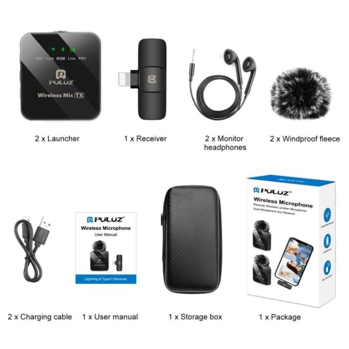PULUZ Kabelloses Lavalier-Mikrofon für iPhone/iPad, 8-poliger Empfänger und zwei Mikrofone, 8-Pin 2 TX + 1 RX – Bild 11
