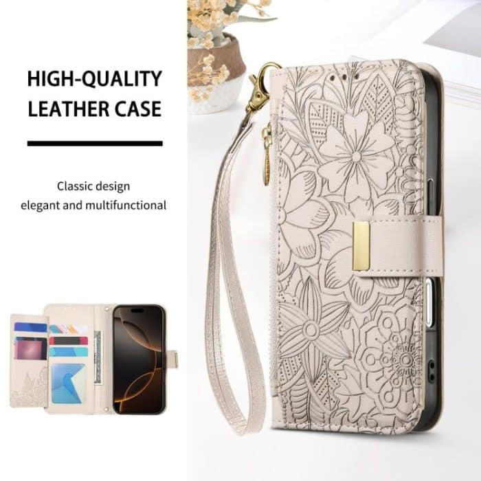 Flowers Leaves Zipper Wallet Leather Phone Case with Strap – Bild 4
