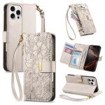 Flowers Leaves Zipper Wallet Leather Phone Case with Strap