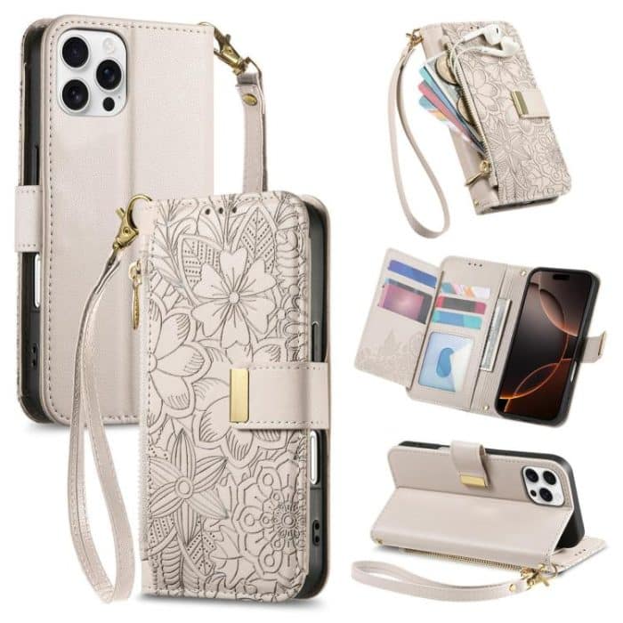 Flowers Leaves Zipper Wallet Leather Phone Case with Strap – Bild 1
