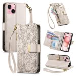 Flowers Leaves Zipper Wallet Leather Phone Case with Strap