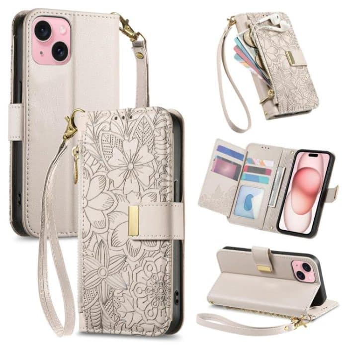 Flowers Leaves Zipper Wallet Leather Phone Case with Strap – Bild 1