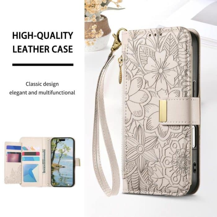 Flowers Leaves Zipper Wallet Leather Phone Case with Strap – Bild 4