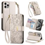 Flowers Leaves Zipper Wallet Leather Phone Case with Strap