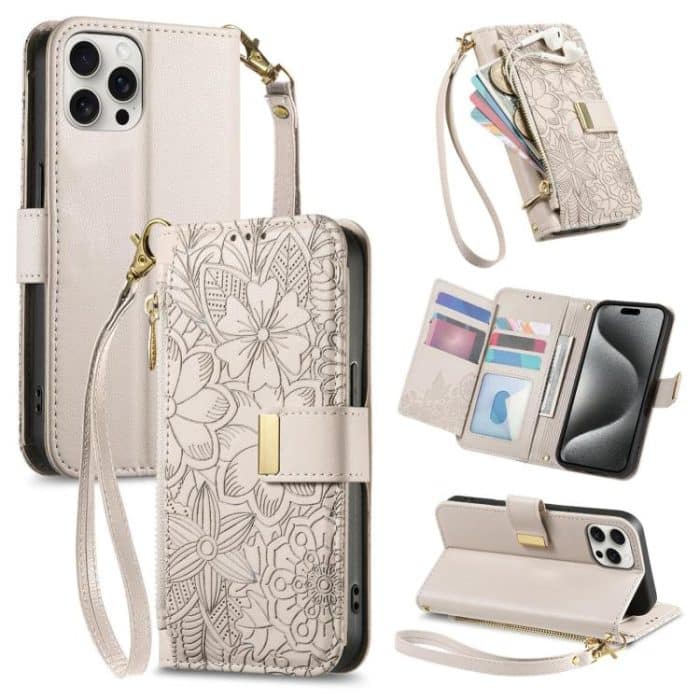 Flowers Leaves Zipper Wallet Leather Phone Case with Strap – Bild 1