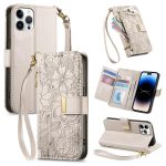 Flowers Leaves Zipper Wallet Leather Phone Case with Strap