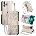 Flowers Leaves Zipper Wallet Leather Phone Case with Strap