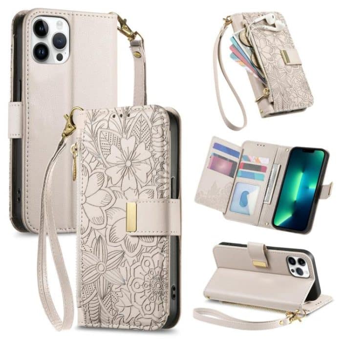 SYA002953514A.jpg Flowers Leaves Zipper Wallet Leather Phone Case with Strap – Bild 1