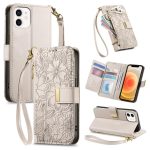 Flowers Leaves Zipper Wallet Leather Phone Case with Strap