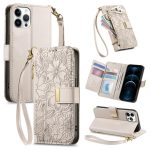 Flowers Leaves Zipper Wallet Leather Phone Case with Strap