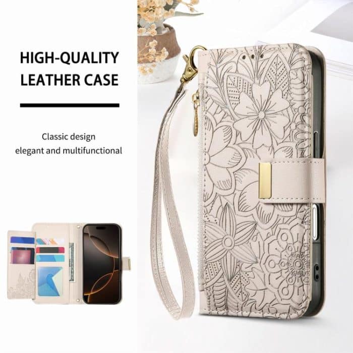 Flowers Leaves Zipper Wallet Leather Phone Case with Strap, For iPhone 15 Pro Max, For iPhone 15 Pro, For iPhone 15 Plus, For iPhone 15 – Bild 4