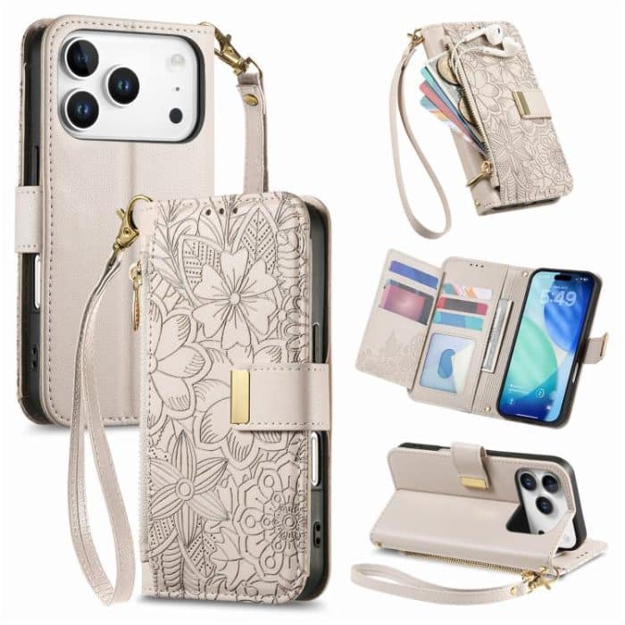 Flowers Leaves Zipper Wallet Leather Phone Case with Strap, For iPhone 16 Pro Max, For iPhone 16 Pro, For iPhone 16 Plus, For iPhone 16 – Bild 1