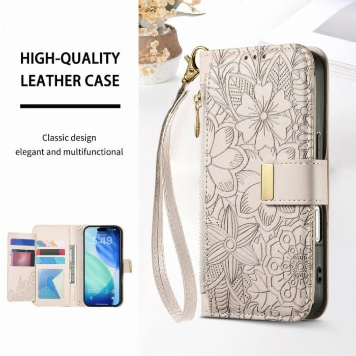 Flowers Leaves Zipper Wallet Leather Phone Case with Strap, For iPhone 16 Pro Max, For iPhone 16 Pro, For iPhone 16 Plus, For iPhone 16 – Bild 4