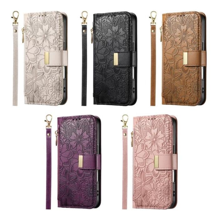 Flowers Leaves Zipper Wallet Leather Phone Case with Strap, For iPhone 16 Pro Max, For iPhone 16 Pro, For iPhone 16 Plus, For iPhone 16 – Bild 8