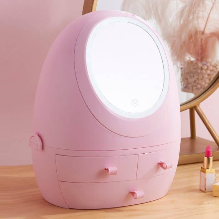 Staubdichte tragbare Kosmetik-Aufbewahrungsbox für den Schreibtisch mit Spiegel, White Single Mirror, White Mirror With Light, Pink Single Mirror, Pink Mirror With Light – Bild 2