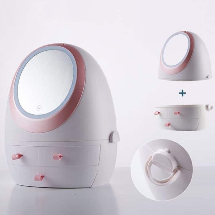 Staubdichte tragbare Kosmetik-Aufbewahrungsbox für den Schreibtisch mit Spiegel, White Single Mirror, White Mirror With Light, Pink Single Mirror, Pink Mirror With Light – Bild 3