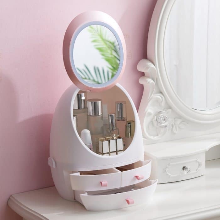 Staubdichte tragbare Kosmetik-Aufbewahrungsbox für den Schreibtisch mit Spiegel, White Single Mirror, White Mirror With Light, Pink Single Mirror, Pink Mirror With Light – Bild 7