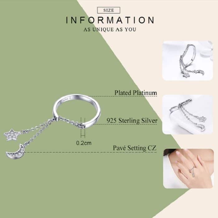 S925 Sterling Silber Stern und Mond offener Ring verstellbarer Ring – Bild 5