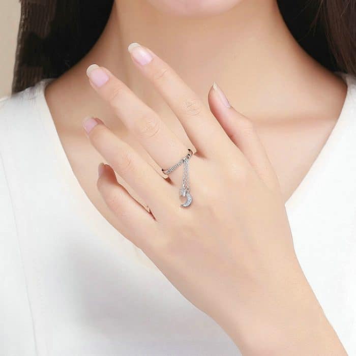 S925 Sterling Silber Stern und Mond offener Ring verstellbarer Ring – Bild 6