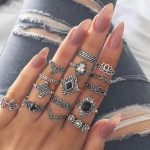 15 PCS Bohemian Retro Kristallblume Blätter hohl Lotus Gem Silber Ring Set