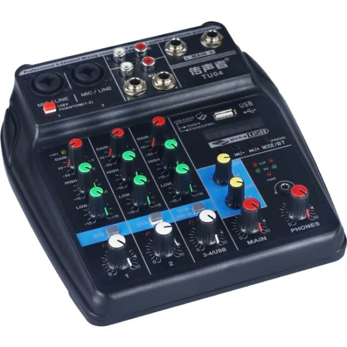 TU04 BT Sound-Mischpult, Aufnahme 48 V Phantomspeisung, Monitor, AUX-Pfade plus Effekte, 4-Kanal-Audiomischer mit USB – Bild 2