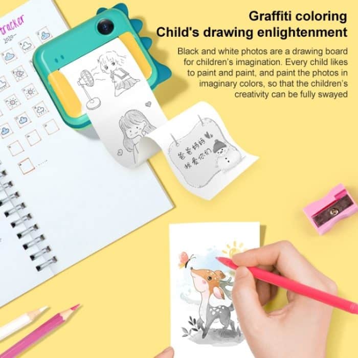 P1 No Card Sofortbildkamera für Kinder, 1200 W, vorne und hinten, Dual-Objektiv, Mini-Druck, fotografisches Digitalkamera-Spielzeug (grüner Dinosaurier), Green Dinosaur No Card, Pink Cat No Card, Green Dinosaur 16GB, Pink Cat 16GB, Green Dinosaur 32GB... – Bild 7