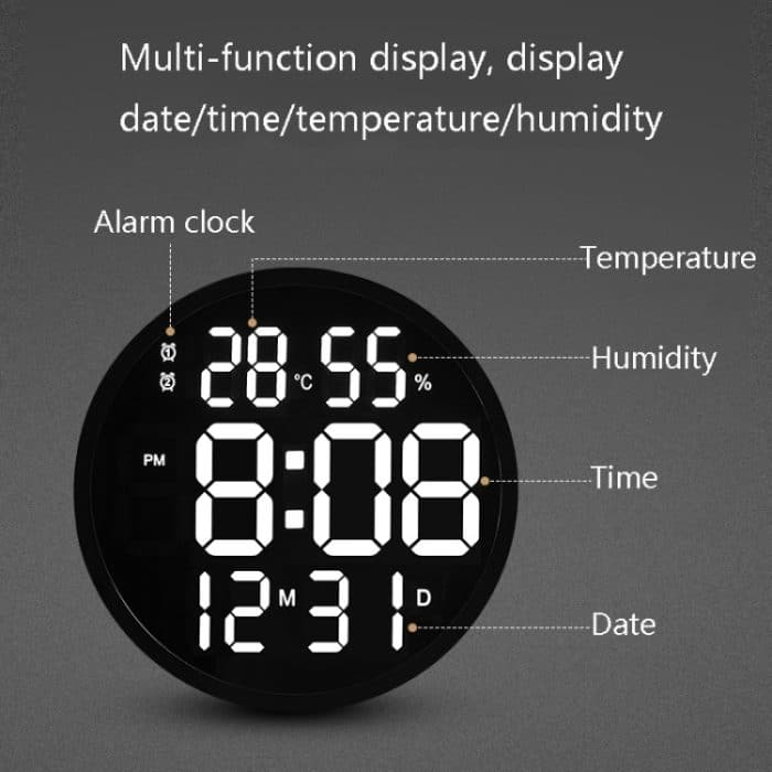 6620 12 Zoll LED Einfache Wanduhr Wohnzimmer Runde Stille Digitale Temperatur Und Luftfeuchtigkeit Elektronische Uhr, White Frame EU Plug, Black Frame EU Plug, White Frame US Plug, Black Frame US Plug – Bild 4