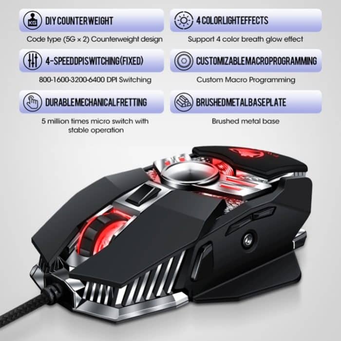 T-WOLF V10 USB-Schnittstelle, 7 Tasten, 6400 DPI, kabelgebundene Gaming-Maus, benutzerdefinierte Makroprogrammierung, 4-Farben-Atmungslicht-Gaming-Maus, Kabellänge: 1,5 m – Bild 5