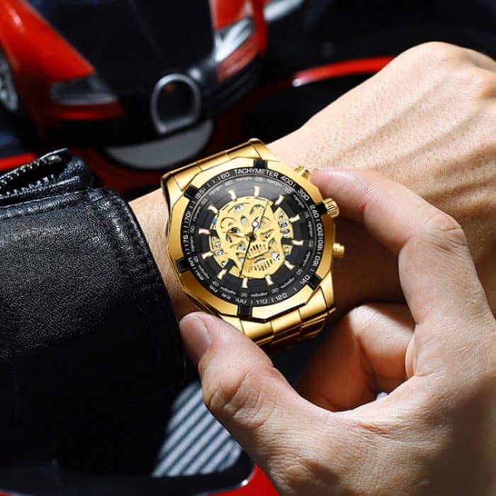 BINBOND S034 30M wasserdichte Quarzuhr Totenkopf Skelett leuchtende Uhr – Bild 7