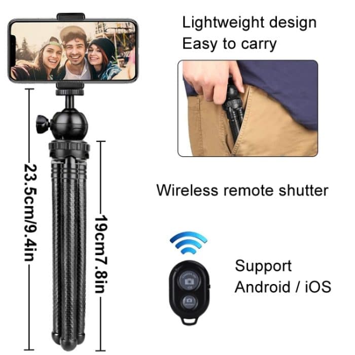 Octopus Fish Silikon Kamera Stativ Desktop Klappständer, With Bluetooth Controller+Adapter+Phone Clip+Storage Bag+Screws, Single Tripod – Bild 4