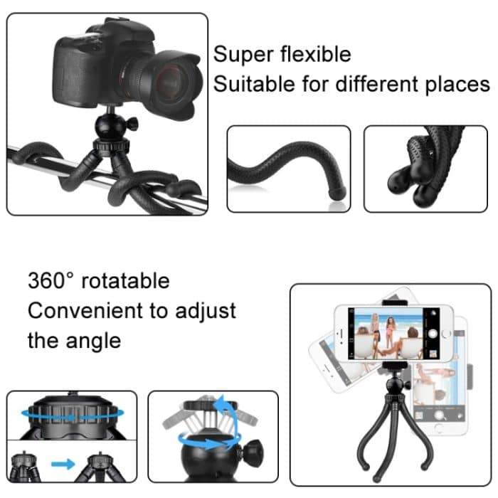 Octopus Fish Silikon Kamera Stativ Desktop Klappständer, With Bluetooth Controller+Adapter+Phone Clip+Storage Bag+Screws, Single Tripod – Bild 7