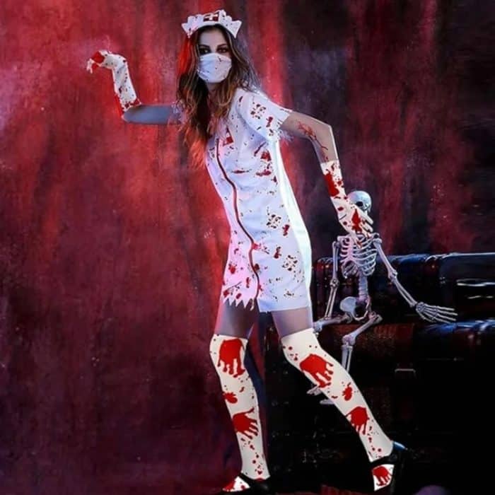 Halloween Party Dekoration Blut Druck Maskerade Requisiten Horror Kostüm Cosplay Requisiten, Bloodstained Gloves, Bloodstained Socks, Bloody Apron, Bloody Skirt – Bild 8