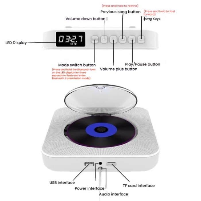 Kecag KC-807 Wall-mounted Home Retro Bluetooth CD Player, EU Plug, US Plug, UK Plug, AU Plug – Bild 4