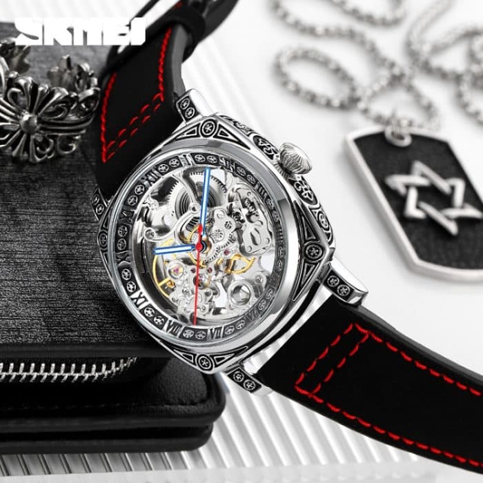 SKMEI 9271 Edelstahl-Schnalle, Lederarmband, wasserdichte mechanische Uhr – Bild 6