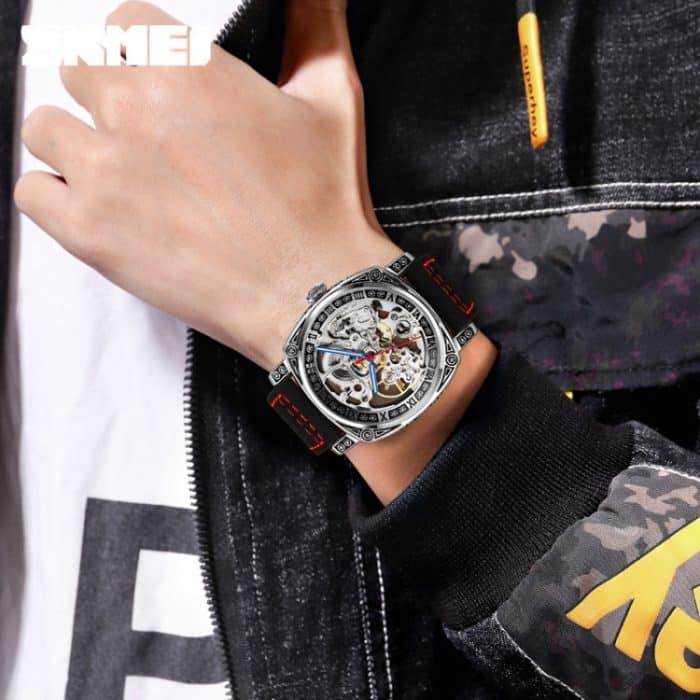 SKMEI 9271 Edelstahl-Schnalle, Lederarmband, wasserdichte mechanische Uhr – Bild 7