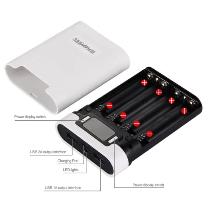 HAWEEL DIY 4 x 18650 Akku (nicht im Lieferumfang enthalten), 10000 mAh Power Bank Shell Box mit 2 x USB-Ausgang und Display für iPhone, Galaxy, Sony, HTC, Google, Huawei, Xiaomi, Lenovo und andere Smartphones, DIY 4 x 18650 10000mAh  Battery (US)... – Bild 4