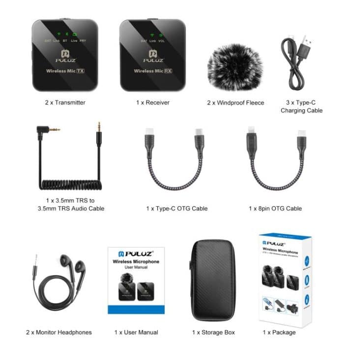 PULUZ 2 TX + 1 RX kabelloses Lavalier-Mikrofon, 2 TX + 1 RX – Bild 11