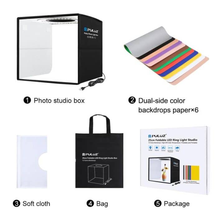 PULUZ 25 cm faltbare tragbare Ringlichtbox mit hohem CRI-Wert von 97, Fotobeleuchtung, Studio-Schießzeltbox mit 12 Farben Hintergründen, Größe: 25 cm x 25 cm x 25 cm, 25cm High CRI Box, 25cm High CRI Box US – Bild 15