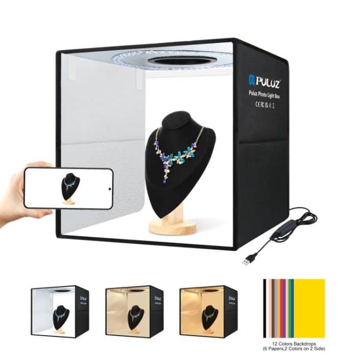 PULUZ 40 cm faltbare tragbare Ringlicht-USB-Fotobeleuchtung, Studio-Aufnahmezeltbox mit 6 x doppelseitigen farbigen Hintergründen, Größe: 40 cm x 40 cm x 40 cm, 40cm Box Black RU, 40cm – Bild 1