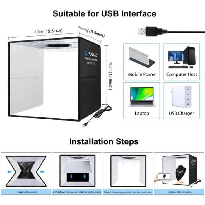PULUZ 40 cm faltbare tragbare Ringlicht-USB-Fotobeleuchtung, Studio-Aufnahmezeltbox mit 6 x doppelseitigen farbigen Hintergründen, Größe: 40 cm x 40 cm x 40 cm, 40cm Box Black RU, 40cm – Bild 9
